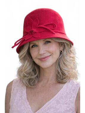 Elegant Red Wool Cloche Hat with Floral Accent Size One